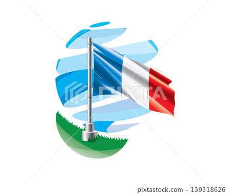 French flag on a green lawn against a background of blue abstract sky French flag on a green lawn against a background of blue abstract sky 139318626