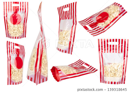 plastic bags popcorn cinema color red isolated on white background plastic bags popcorn cinema color red isolated on white background 139318645