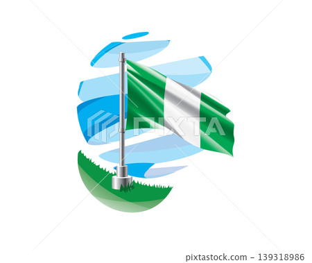 Nigerian flag on a green lawn against a background of blue abstract sky Nigerian flag on a green lawn against a background of blue abstract sky 139318986