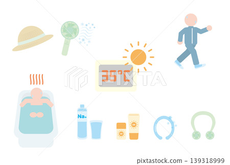 A set of simple illustrations about preventing heatstroke. A set of simple illustrations about preventing heatstroke. 139318999