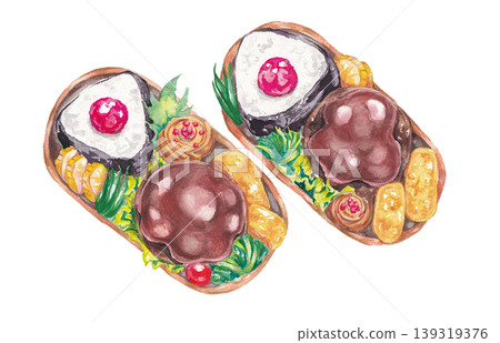 Hand-drawn watercolor illustration of a hamburger bento box Hand-drawn watercolor illustration of a hamburger bento box 139319376