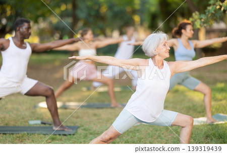 Senior woman doing Virabhadrasana during group yoga in park Senior woman doing Virabhadrasana during group yoga in park 139319439