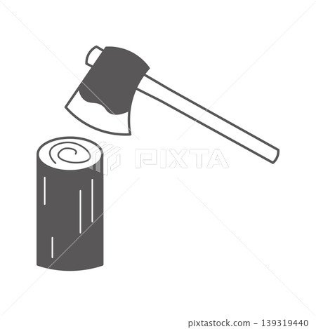 Camping firewood splitting illustration: Simple line art icon of axe and firewood - Outdoor material Camping firewood splitting illustration: Simple line art icon of axe and firewood - Outdoor material 139319440