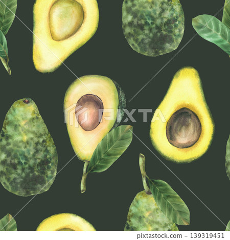 Avocado plant branch watercolor seamless pattern. Whole and cut fruit slices with seed and leaves. Hand painting illustration on isolated dark background for Food packaging, fabric, kitchen wallpaper. Avocado plant branch watercolor seamless pattern. Whole and cut fruit slices with seed and leaves. Hand painting illustration on isolated dark background for Food packaging, fabric, kitchen wallpaper. 139319451