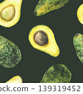 Avocado seamless pattern. Watercolor realistic painted whole and cut fruit half with seed. illustration on isolated dark green background for Food fabric, kitchen wallpaper, products packaging design. 139319452