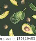 Avocado seamless pattern with leaves, whole, half, slices of green fruit and seed. Watercolor realistic plant food fabric, wallpaper, scrapbooking. Isolated on white background hand drawn illustration 139319453