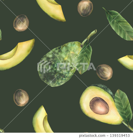 Avocado seamless pattern with leaves, whole, half, slices of green fruit and seed. Watercolor realistic plant food fabric, wallpaper, scrapbooking. Isolated on white background hand drawn illustration Avocado seamless pattern with leaves, whole, half, slices of green fruit and seed. Watercolor realistic plant food fabric, wallpaper, scrapbooking. Isolated on white background hand drawn illustration 139319453