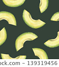 Avocado cut fruit wedges, half-moon slices pieces watercolor seamless pattern. Superfood pulp fabric on isolated dark background. Chopped vegetables kitchen wallpaper print hand drawn illustration. 139319456