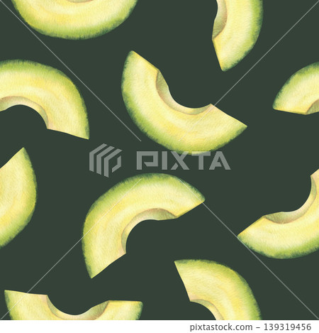 Avocado cut fruit wedges, half-moon slices pieces watercolor seamless pattern. Superfood pulp fabric on isolated dark background. Chopped vegetables kitchen wallpaper print hand drawn illustration. Avocado cut fruit wedges, half-moon slices pieces watercolor seamless pattern. Superfood pulp fabric on isolated dark background. Chopped vegetables kitchen wallpaper print hand drawn illustration. 139319456
