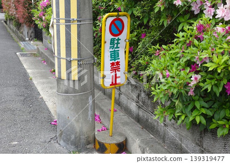 A no-parking sign and azaleas in a residential area A no-parking sign and azaleas in a residential area 139319477