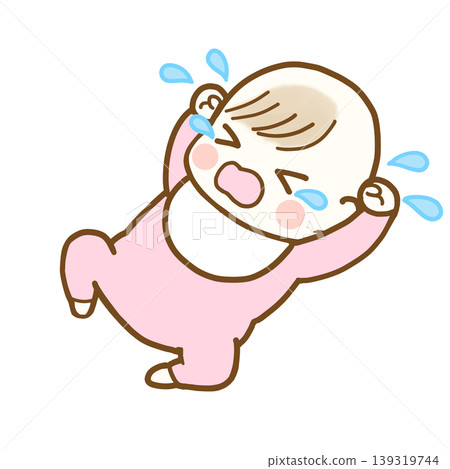 A baby girl crying with her hands raised 139319744