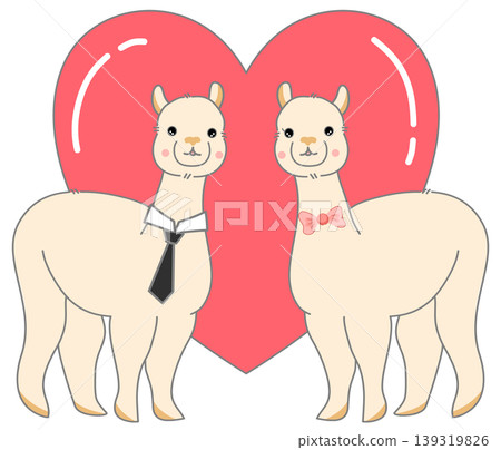 Cute Alpaca Couple in Love with Large Red Heart Background Cute Alpaca Couple in Love with Large Red Heart Background 139319826