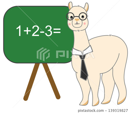 Cute Nerd Alpaca Teacher Wearing Glasses and Necktie Standing Next to Green Chalkboard with Math Equation Illustration Cute Nerd Alpaca Teacher Wearing Glasses and Necktie Standing Next to Green Chalkboard with Math Equation Illustration 139319827