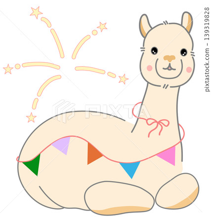 Cute Party Alpaca Sitting with Colorful Bunting Flags and Golden Fireworks Celebration Illustration Cute Party Alpaca Sitting with Colorful Bunting Flags and Golden Fireworks Celebration Illustration 139319828