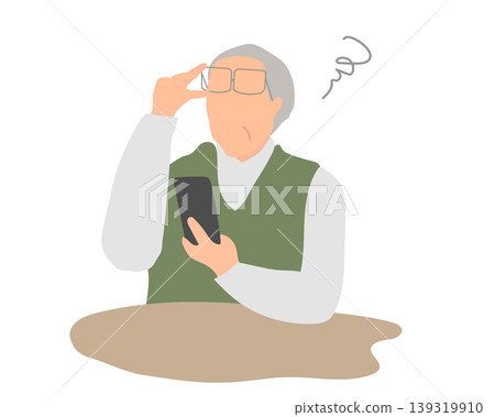 An illustration of an elderly man struggling to use a smartphone. 139319910