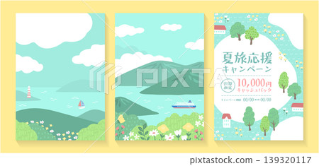 Sea and mountain landscape illustration, summer nature scene, hand-drawn style background Sea and mountain landscape illustration, summer nature scene, hand-drawn style background 139320117