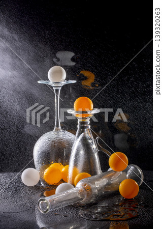 Still life with marbles, glassware, and water splashes Still life with marbles, glassware, and water splashes 139320263