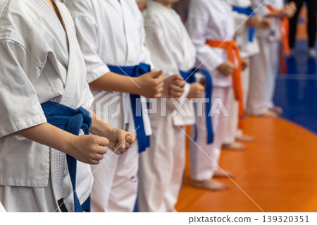 Children in white karate gi with blue and orange belts Children in white karate gi with blue and orange belts 139320351