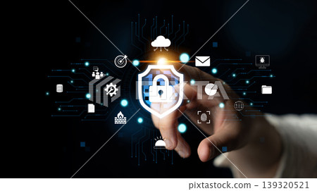Futuristic Digital Security Concept Featuring Hand Interacting with Lock Icon and Technology Symbols in Dark Background for Cybersecurity Themes Quark Futuristic Digital Security Concept Featuring Hand Interacting with Lock Icon and Technology Symbols in Dark Background for Cybersecurity Themes Quark 139320521