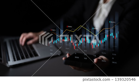 Businessperson Analyzing Financial Data with Charts and Graphs on Tablet and Laptop, Modern Workspace, Professional Environment, Digital Technology Scalp 139320546
