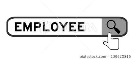 Search banner in word employee with hand over magnifier icon on white background Search banner in word employee with hand over magnifier icon on white background 139320816