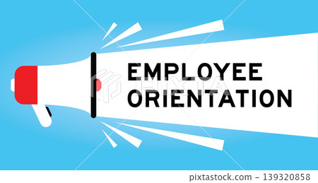 Color megaphone icon with word employee orientation in white banner on blue background 139320858
