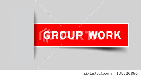 Red color square shape sticker label with word group work inserted in gray background 139320866