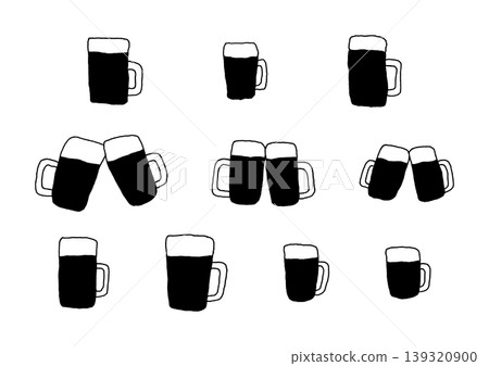一組手繪插圖，描繪了一個裝滿啤酒的黑色啤酒杯。 139320900