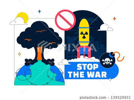 Stop The War Peace Campaign Vector Illustration Featuring Anti Nuclear Symbols and Cityscape Design 139320931