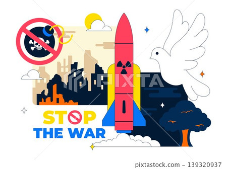 Stop The War Peace Campaign Vector Illustration Featuring Anti Nuclear Symbols and Cityscape Design Stop The War Peace Campaign Vector Illustration Featuring Anti Nuclear Symbols and Cityscape Design 139320937
