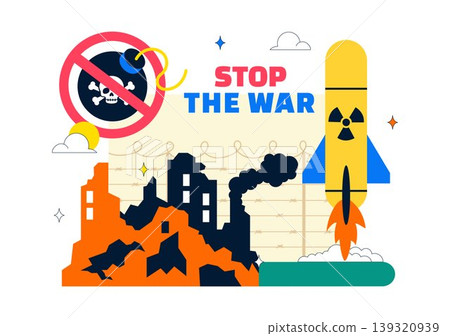 Stop The War Peace Campaign Vector Illustration Featuring Anti Nuclear Symbols and Cityscape Design 139320939