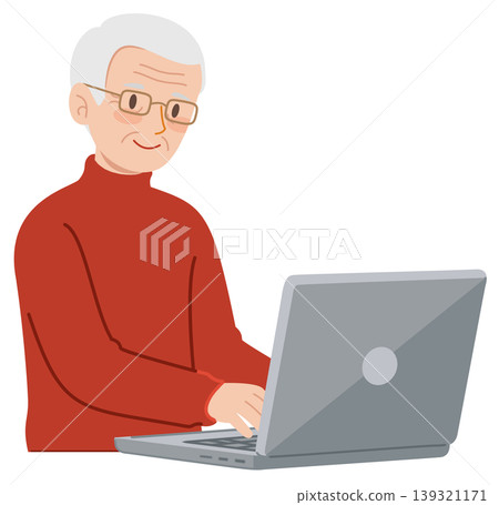 Senior citizen operating a laptop computer; facial expression flat. Senior citizen operating a laptop computer; facial expression flat. 139321171