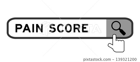 Search banner in word pain score with hand over magnifier icon on white background Search banner in word pain score with hand over magnifier icon on white background 139321200
