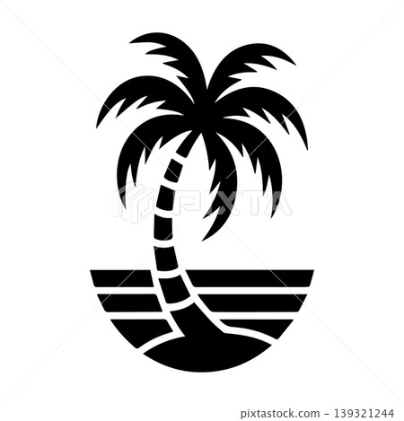 Black and White Palm Tree Silhouette Icon on Tropical Beach Island Black and White Palm Tree Silhouette Icon on Tropical Beach Island 139321244