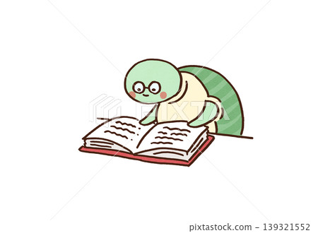 A turtle wearing glasses and reading a thick book. 139321552