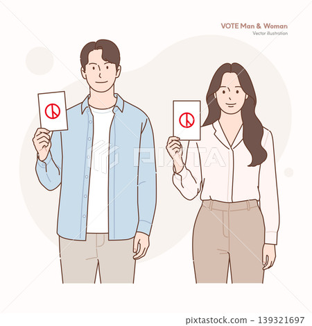 Man and Woman Holding Ballots with Red Vote Marks Vector Illustration for Election Campaign Man and Woman Holding Ballots with Red Vote Marks Vector Illustration for Election Campaign 139321697