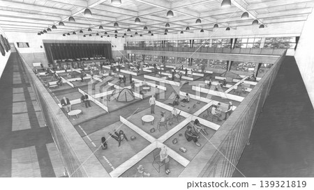 A 3DCG illustration depicting a shelter set up in a gymnasium (with many people staying inside). A 3DCG illustration depicting a shelter set up in a gymnasium (with many people staying inside). 139321819