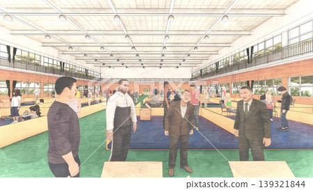 A 3DCG illustration depicting a shelter set up in a gymnasium (with many people staying inside). 139321844