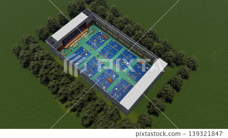 A 3DCG illustration depicting a shelter set up in a gymnasium (with many people staying inside). 139321847