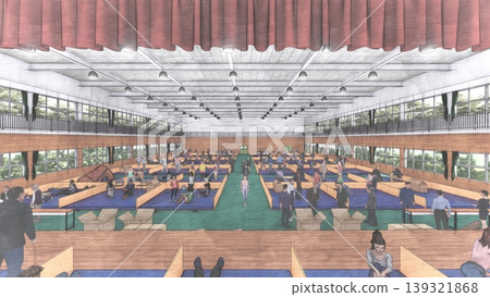 A 3DCG illustration depicting a shelter set up in a gymnasium (with many people staying inside). 139321868
