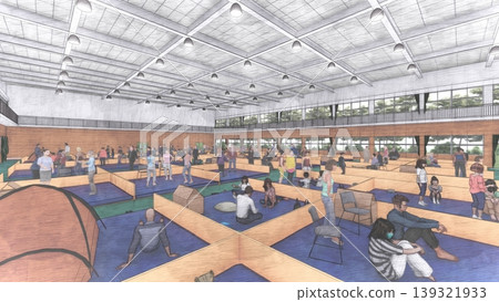 A 3DCG illustration depicting a shelter set up in a gymnasium (with many people staying inside). A 3DCG illustration depicting a shelter set up in a gymnasium (with many people staying inside). 139321933