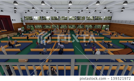 A 3DCG illustration depicting a shelter set up in a gymnasium (with many people staying inside). A 3DCG illustration depicting a shelter set up in a gymnasium (with many people staying inside). 139321972