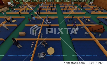 A 3DCG illustration depicting a shelter set up in a gymnasium (with many people staying inside). A 3DCG illustration depicting a shelter set up in a gymnasium (with many people staying inside). 139321973