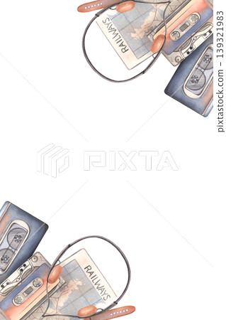 Hand-painted watercolor frame cassette, player, headphones, watch, railway map isolated on white. Template for retro travel, entertainment themes, printing, blogs, branding, packaging, ad, design Hand-painted watercolor frame cassette, player, headphones, watch, railway map isolated on white. Template for retro travel, entertainment themes, printing, blogs, branding, packaging, ad, design 139321983