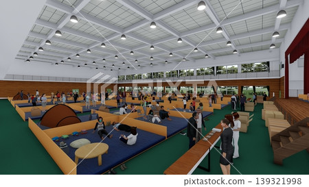 A 3DCG illustration depicting a shelter set up in a gymnasium (with many people staying inside). A 3DCG illustration depicting a shelter set up in a gymnasium (with many people staying inside). 139321998