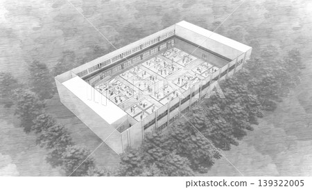 A 3DCG illustration depicting a shelter set up in a gymnasium (with many people staying inside). A 3DCG illustration depicting a shelter set up in a gymnasium (with many people staying inside). 139322005