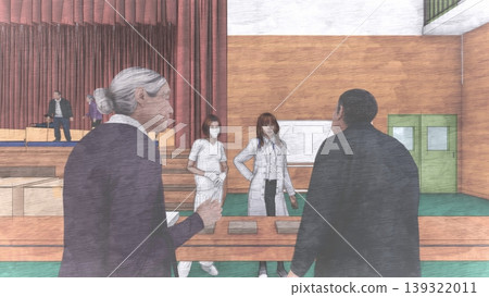A 3DCG illustration depicting a shelter set up in a gymnasium (with many people staying inside). A 3DCG illustration depicting a shelter set up in a gymnasium (with many people staying inside). 139322011