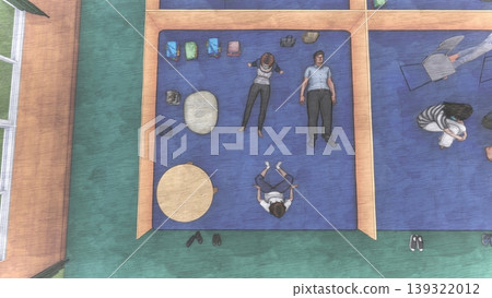 A 3DCG illustration depicting a shelter set up in a gymnasium (with many people staying inside). A 3DCG illustration depicting a shelter set up in a gymnasium (with many people staying inside). 139322012