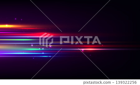 abstract neon light streaks in motion over dark background with futuristic energy and high speed technology concept 139322256