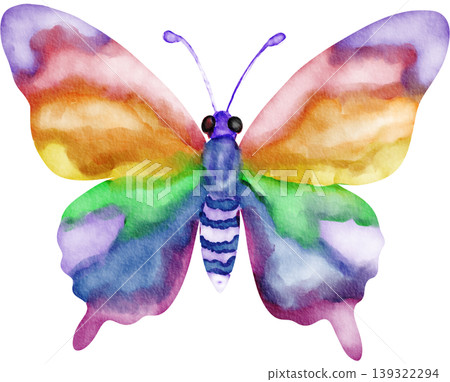 Watercolor rainbow butterfly illustration celebrating Pride Month with vibrant LGBTQ+ inspired colors. Watercolor rainbow butterfly illustration celebrating Pride Month with vibrant LGBTQ+ inspired colors. 139322294